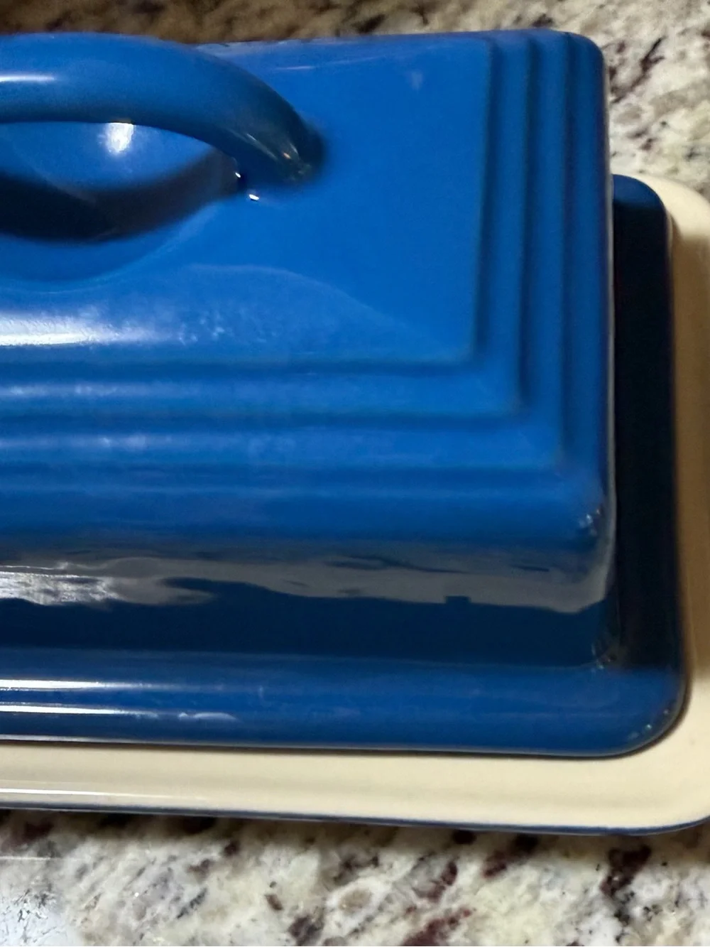 Le Creuset Marseille Blue Stoneware Butter Dish Covered Butter Keeper EUC
